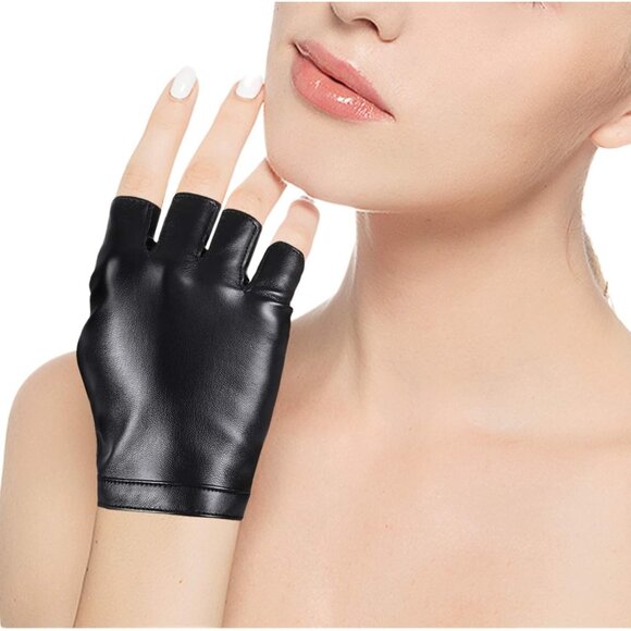 Men's Black PU Faux Leather Outdoor Sports Cosplay Costume Half Finger Gloves - Picture 5 of 8